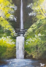 ACEO Acrylic Painting Waterfall Bridge Forest Trees Nature Scenic Landscape Art