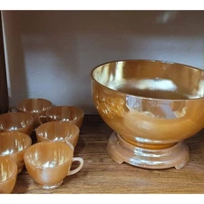 VTG Anchor Hocking Fire King Peach/Orange Punch Bowl, Base, and & 7 Cups