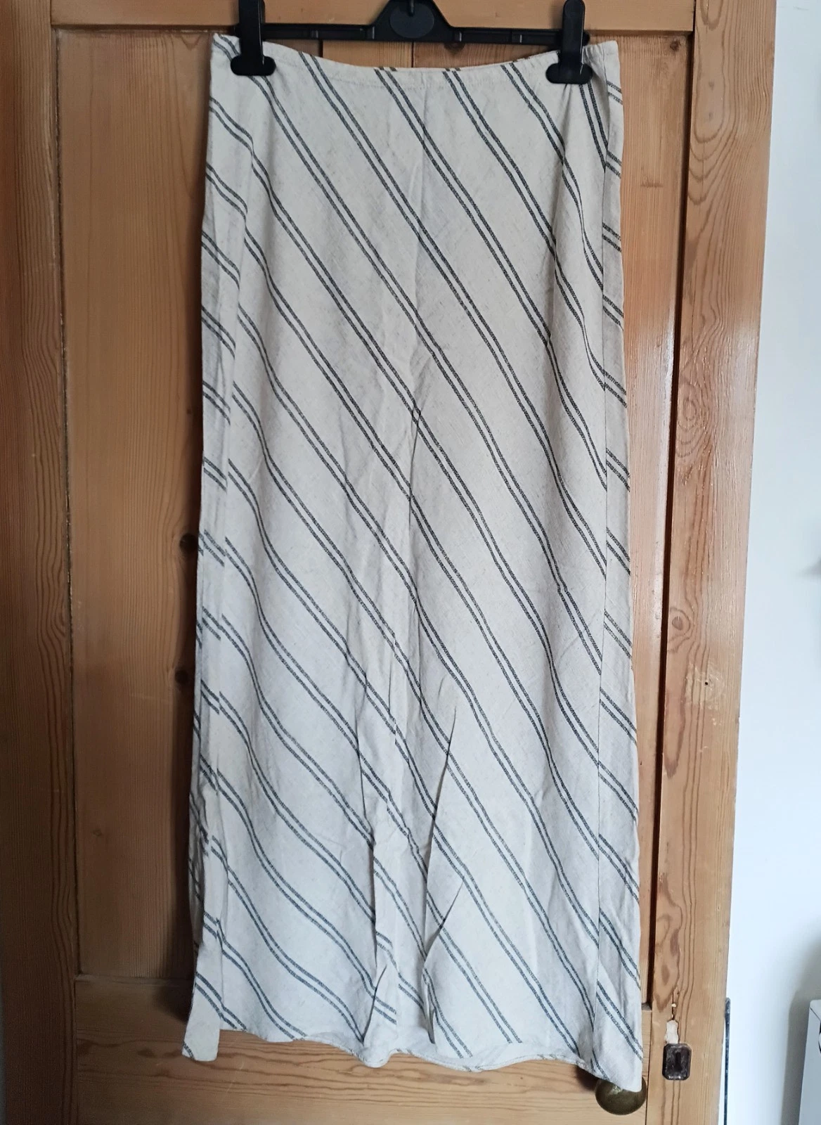 New Look beige & grey diagonal stripe linen blend maxi skirt 12 bnwt