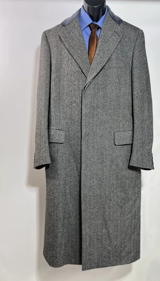 Paul Stuart Herringbone Overcoat Mens 41 Long Black & White Wool Velvet Collar - Image 4 of 4