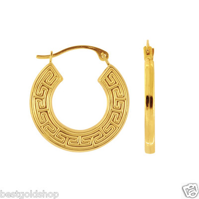 Cute Shiny Textured Flat Greek Key Hoop Earrings Real 14K Yellow Gold 18mm 