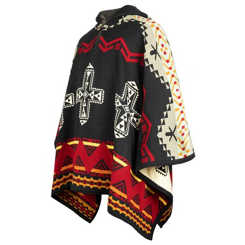 Harmony of Contrasts Hooded Cotton-Alpaca Poncho Aztec Geometric Accents - Picture 2 of 13