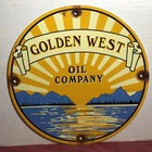 VINTAGE 1949 DATED GOLDEN WEST 10” PORCELAIN SIGN GAS OIL COMPANY MOTOR ENGINE