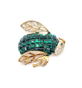 Authentic Gold-Plated Flying Bee Insect Brooch w/ Faux Square Emerald & White Rhinestones