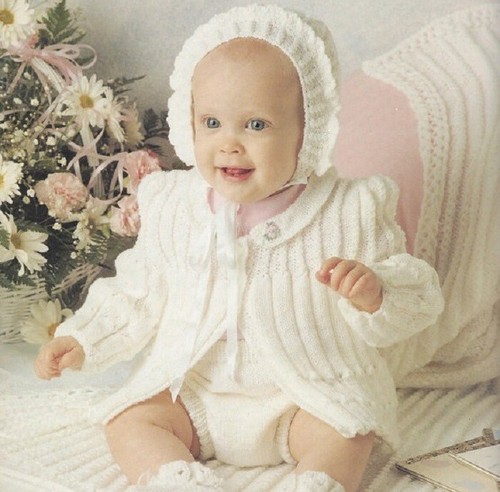 Baby Knitting Pattern Copy Ribbed Cardigan and Bonnet Bonnet 4 Ply