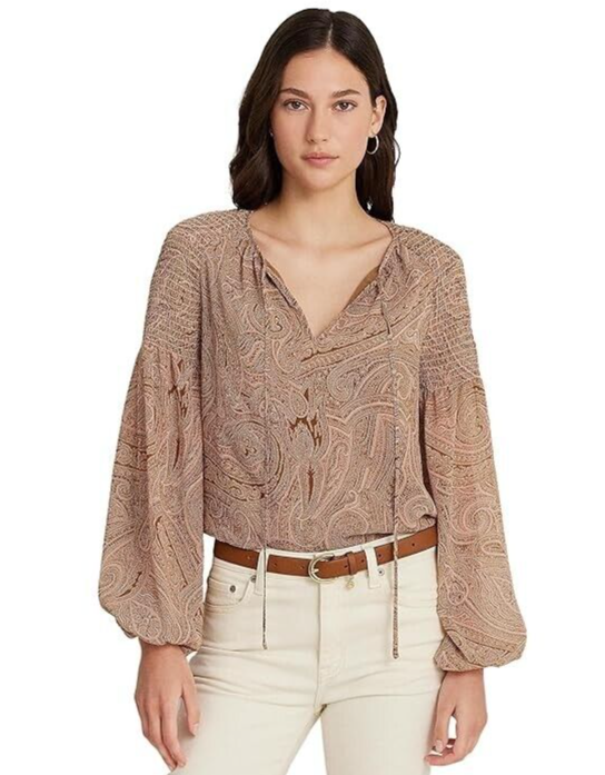 Lauren Ralph Lauren Women's Paisley Georgette Tie-Neck Blouse, Tan/Cream/Pink, S