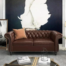 Chesterfield Loveseat, Modern Leather Sofa Tufted Couch 2 Seater with Rolled Arm