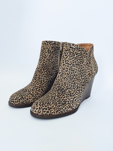 Lucky Brand Ankle Boot Women's Size 8 1/2 Leapard Tan Suede Leather Wedges Heels - Picture 2 of 6
