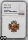1953-D Lincoln Cent Wheat Penny, Lustrous Red, NGC MS-66 RD