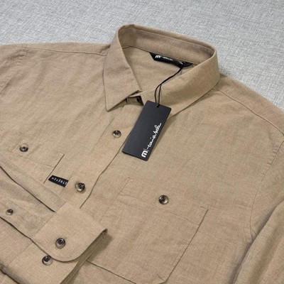 Travis Mathew Cloud Flannel Button-Up Shirt Mens L Portabella Beige Long Sleeve
