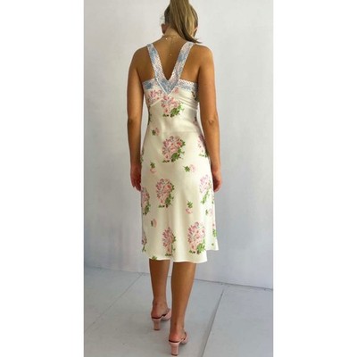 Manoush Pink Floral Lace Trim Satin Slip Dress Midi Yellow US 4