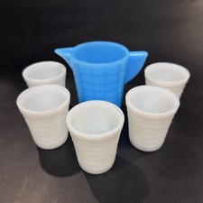 Vintage 30s Child's Glass Toy Dish Set Blue Pitcher  5 Cups Stacked Rib Relief
