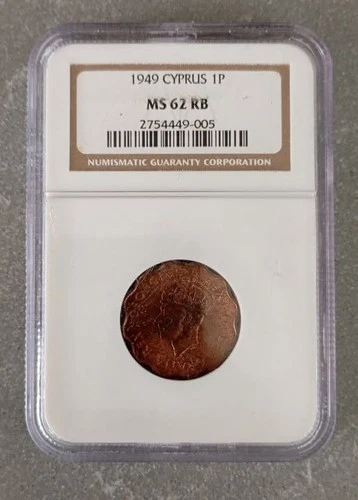 CYPRUS 1949. A very rare 1 piastre coin graded by NGC with an MS62RB