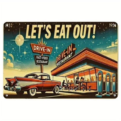 Vintage Let'S Eat Out Drive Diner Metal Tin Sign Retro Fast 8x12