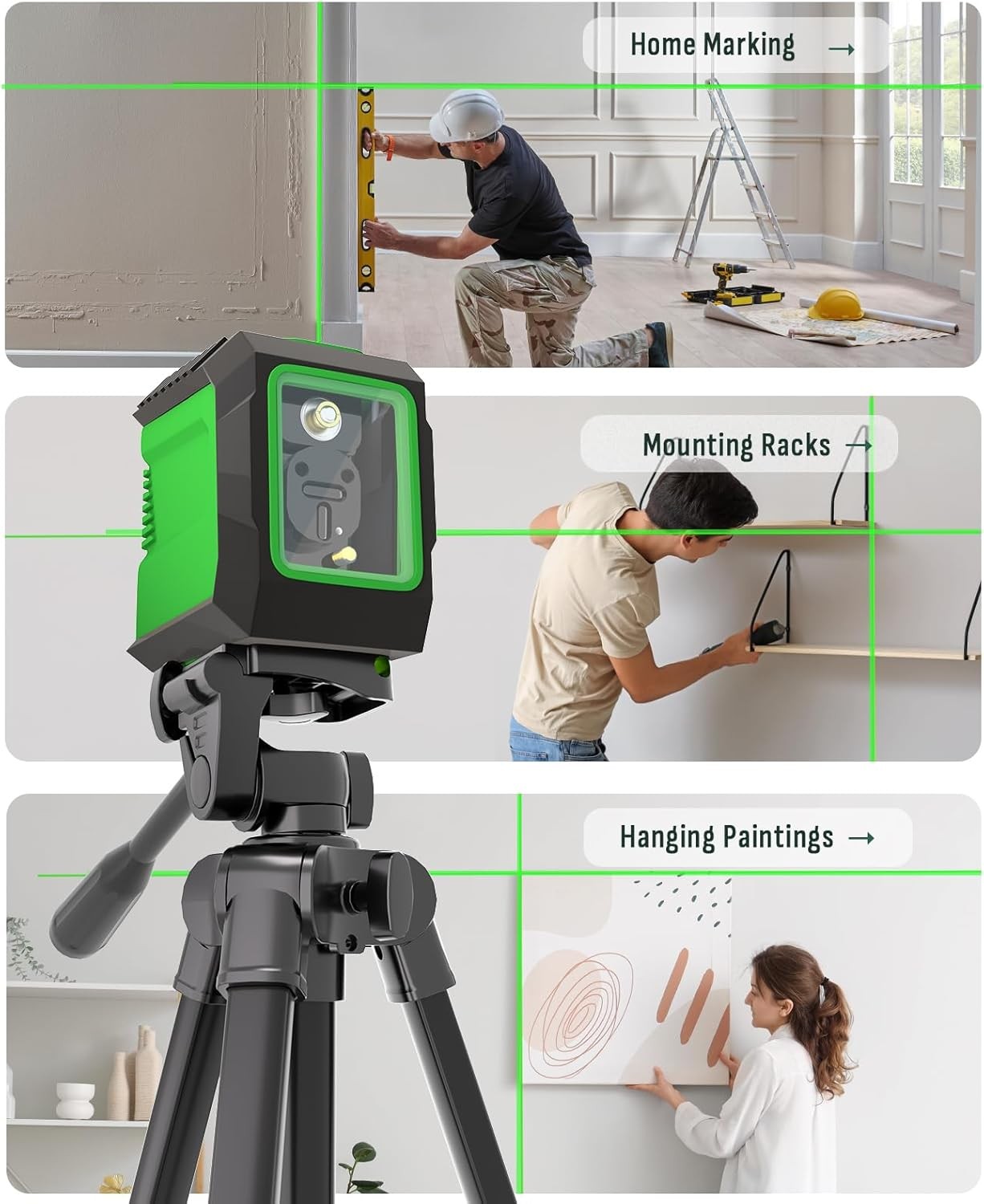 Laser Level with 50” Tripod, 360° Self Leveling Cross Line Laser Level, Green
