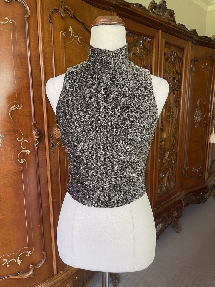 H&M Black & Gold Metallic Glitter High-Neck Sleeveless Crop Top Size XS