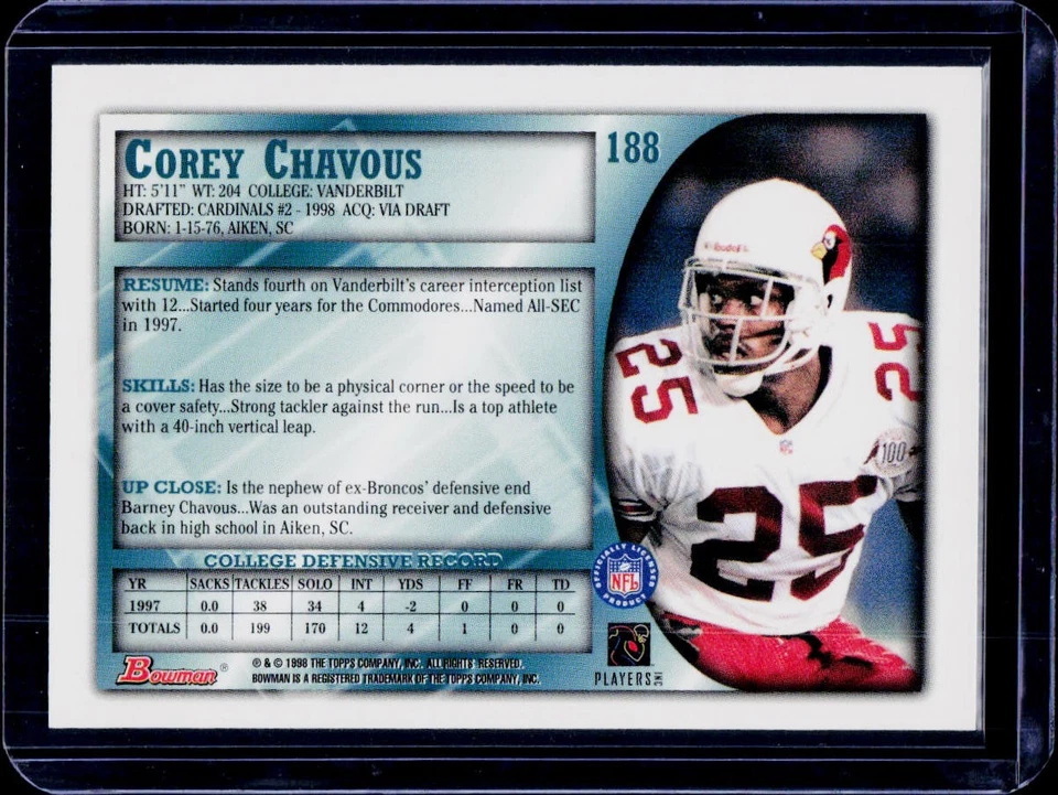 Football Bowman 1998 Bowman #188 Corey Chavous Arizona Cardinals - Image 2 of 2