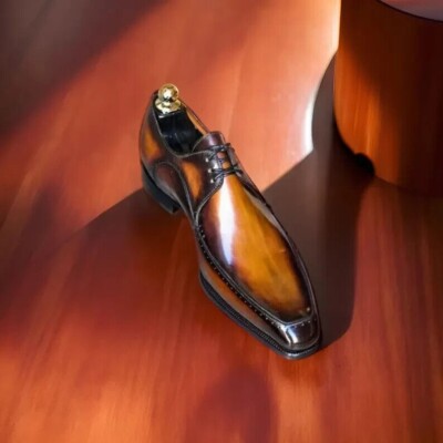 Buy men Handmade Custom made brown leather black shaded Derby lace up shoes