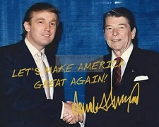 PRESIDENT DONALD TRUMP & RONALD REAGAN SHAKING HANDS MAGA SLOGAN 8X10 PHOTO RP