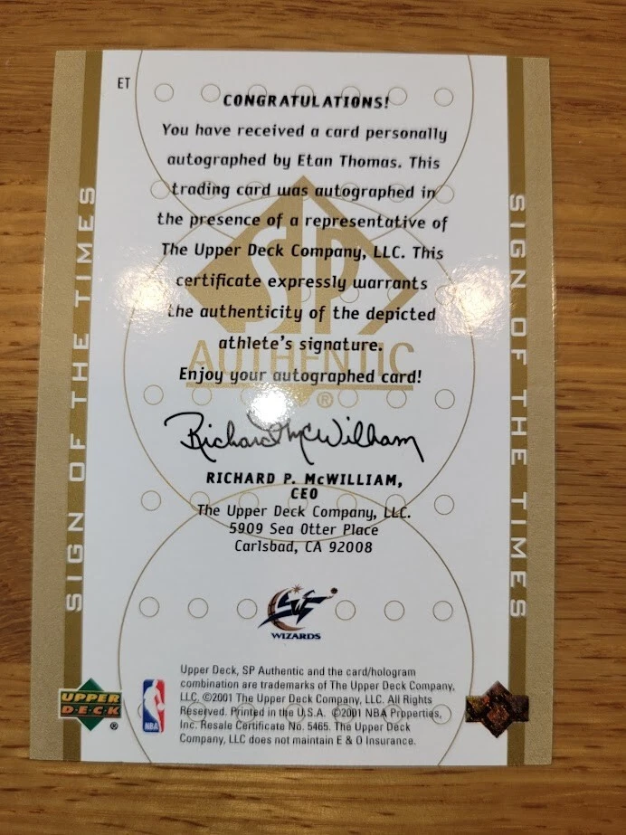 2000-01 SP Authentic Sign of the Times Etan Thomas Autograph Wizards MT FREE SHP - Image 2 of 2