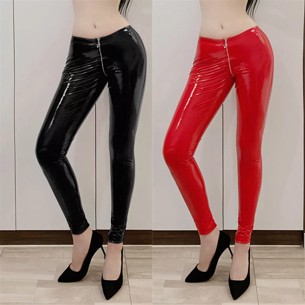 Women Shiny PVC Leather Leggings Wetlook Pencil Pants Zip Open Crotch  Trousers