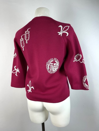 Vintage 50s Beaded Cardigan Red White Hong Kong Wool Sweater S 34" Bust, Lantern - Picture 6 of 7