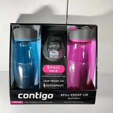 Contigo Water Bottle 5 Piece Pack  2 Bottles 3 Lids 32oz Pink And Blue