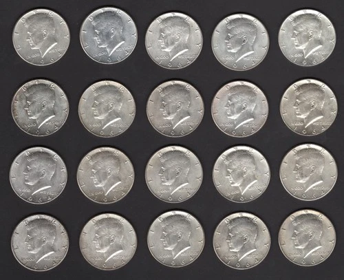 1964 P Kennedy 90% Silver Half Dollar Roll of 20 Choice AU Coins