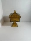 Vintage Jeanette Amber Glass Square Pedestal 6” Candy Dish with Lid