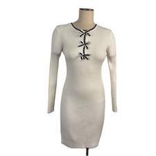 Emma & Posh Womens Small White Ribbed Knit Sweater Dress Stretch Bows Bow Detail