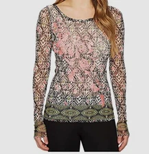 Fuzzi Women's Black Allover Stretch Embroidery Giardino Print T-Shirt Sz S
