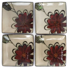Parker & Jane Deep Red Flower Simple Dining  Square 7 1/2" Side Plates Set of 4