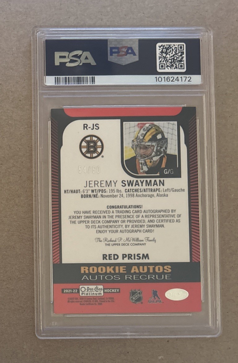 2021 OPC Platinum Hockey Jeremy Swayman Red Prism Rookie Auto Card #’d /60 PSA 9 view 2