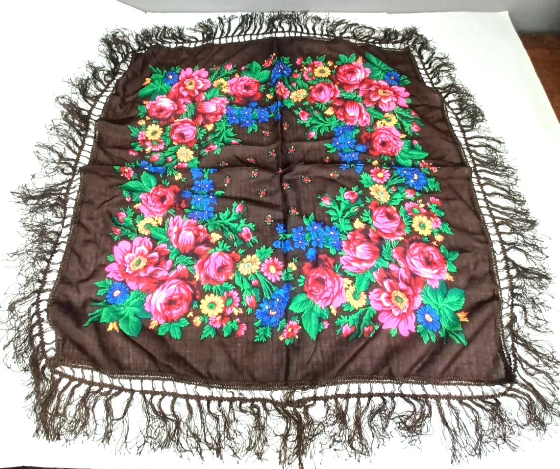 Vtg Hand Printed Shawl Scarf w/Fringed Brown Floral Roses Acrylic Rayon Fransen