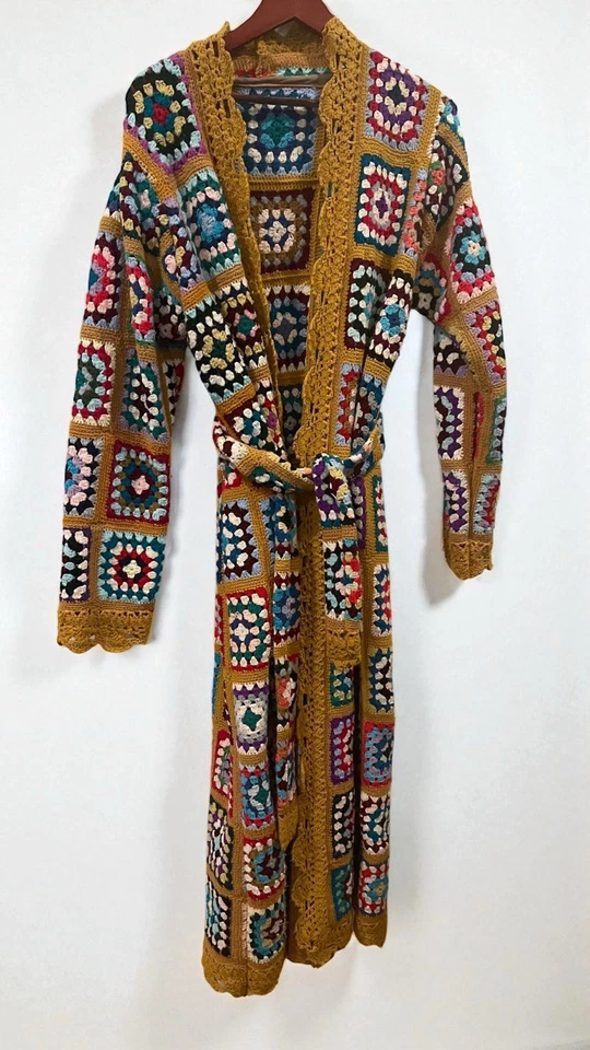 Vintage Italian Macrame Women's Crochet Rainbow Quilt Duster Sweater Coat Large - Image 3 of 4