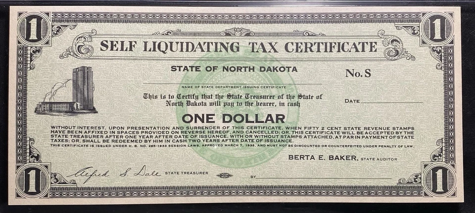 1933 NORTH DAKOTA Bismarck, Depression-Era Self Liquidating Tax Certificate, PMG - Image 3 of 4