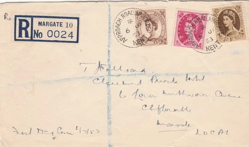 GB APPROACH ROAD MARGATE Queen Elizabeth 5d 8d 1/- Wilding First Day Cover 1953