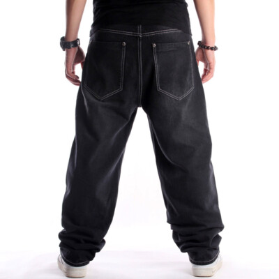 Mens Black Jeans Stonewashed Denim Skateboard Pants Trousers Baggy