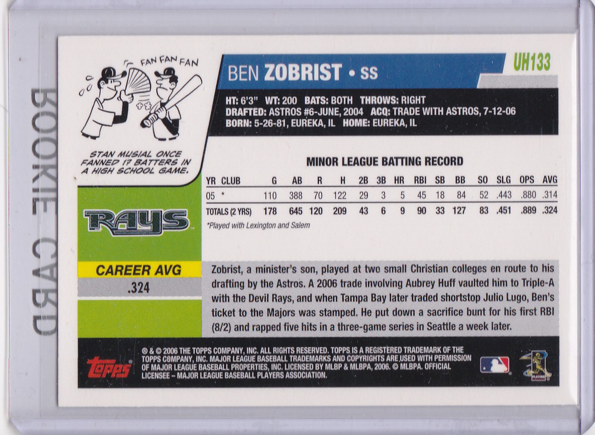 BEN ZOBRIST ROOKIE CARD 2006 Topps Update Baseball RC Rays CHICAGO