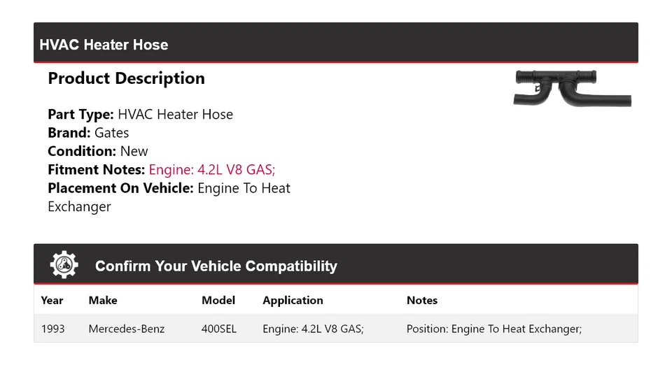 Para Mercedes-Benz 400SEL 1993 calefacción climatización manguera motor a puertas intercambiadoras de calor Foto 2 de 3
