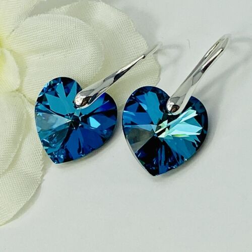 925 Silver Drop Earrings Heart Bermuda Blue Made With Austrian Crystals - Picture 7 of 13