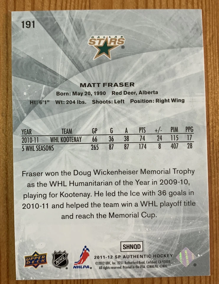 2011-12 SP Authentic FUTURE WATCH #191 Matt Fraser RC 565/999 - Dallas Stars - Image 2 of 2