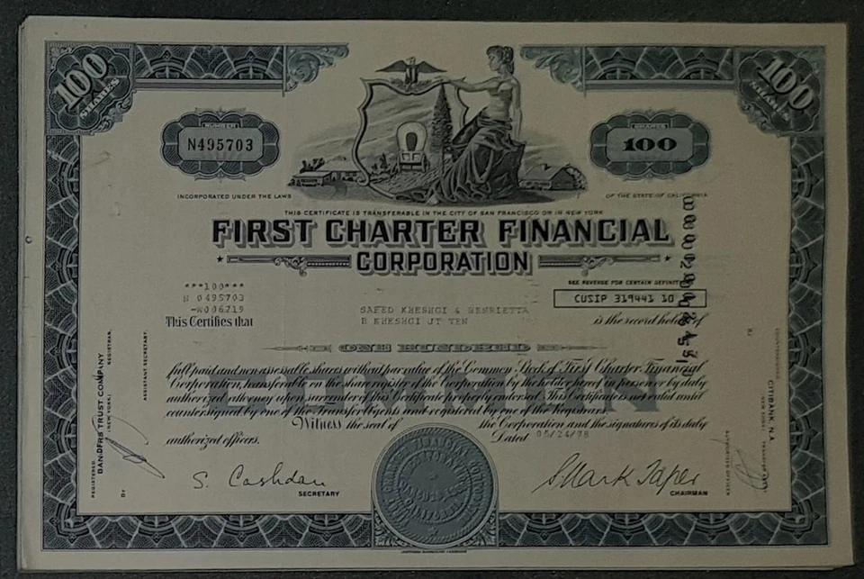 50 X First Charter Financial Corporation 1970er 100 Shares - Bild 1 von 1