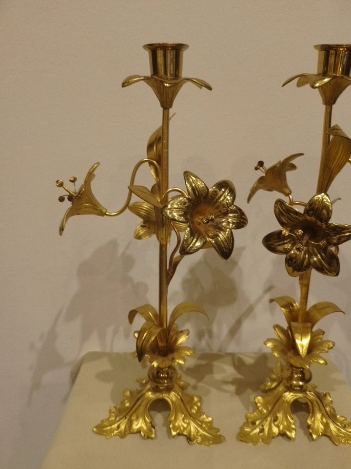 Paire Bougeoirs/fleur De Lys/cuivre Et Bronze/h.36cm/autel/eglise/messe/royale - Photo 4/4