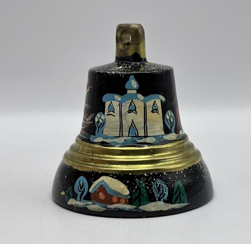 Campana russa vintage ottone massiccio dipinta a mano paesaggio invernale scenico 2 pollici - Foto 2 di 8