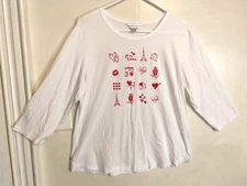 Christopher & Banks Womens Blouse XL White Red France Heart Love Top 3/4 Sleeve