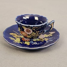 Vintage Miniature Tiny Cobalt Blue Flower Patterned Tea Cup with Saucer Set