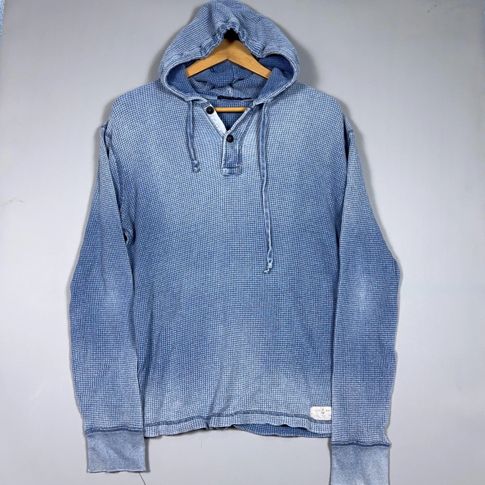 Polo Ralph Lauren Waffle Knit Hoodie Mens Large Faded Vintage Blue Distressed