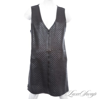 Versace Made in Italy Black 100% Nappa Leather Checkerboard Front Zip Dress 48