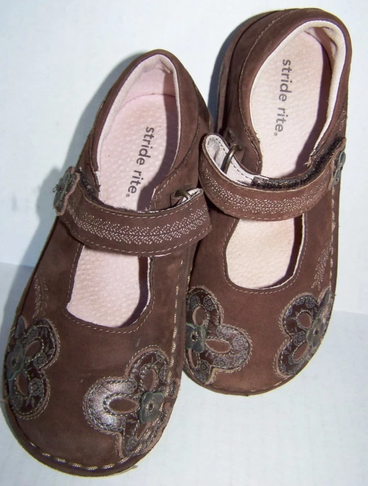 Stride Rite Niñas Talla 11M Mary Jane Zapatos "Maddy" Marrón Cuero Flores wVelc Foto 4 de 4